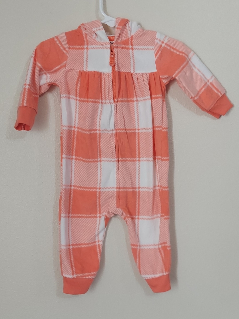 Carter's Coral and White Plaid Hooded One-Piece Zipper Romper